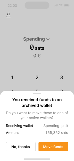 Screen showing receipt of funds to an archived wallet